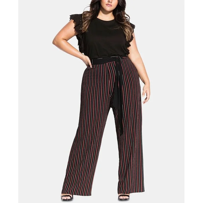 Wide Leg Pants with Contrast Stitching -City Chic Women's Stretch Belted Zippered Palazzo High Rise Striped Wear to Work Wide Leg Pants Brown Size 20W