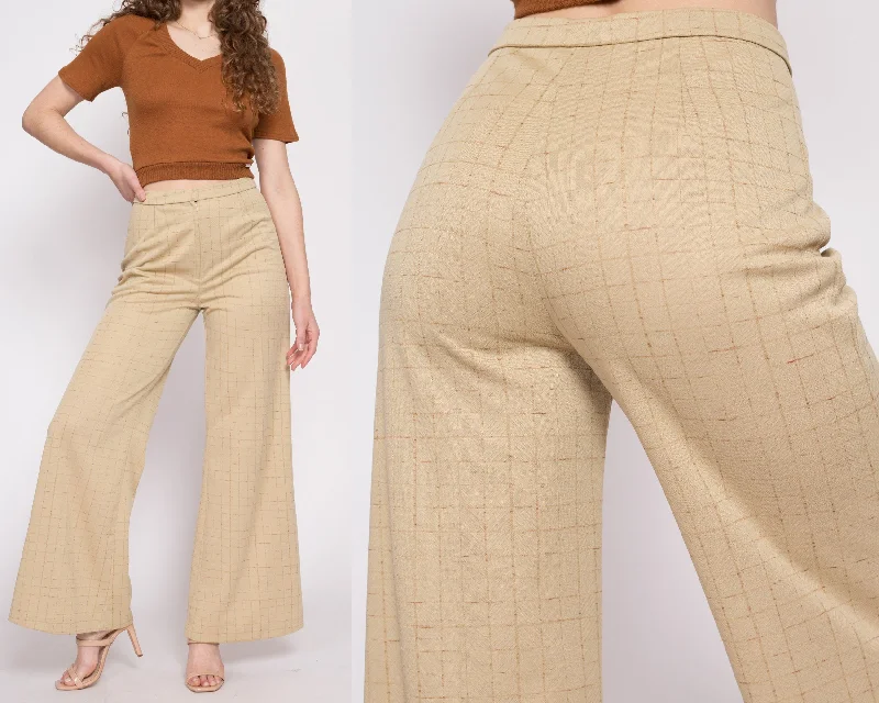 Wide Leg Pants for Cycling Tours -70s Tan Grid Print Wide Leg Pants - Medium, 27"-28"