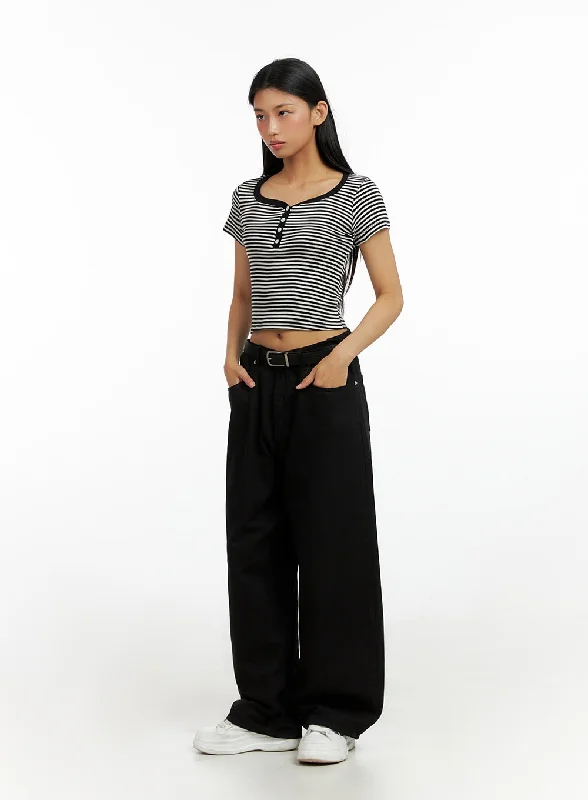 Wide Leg Pants with Drawstring -Solid Wide Leg Pants IL419