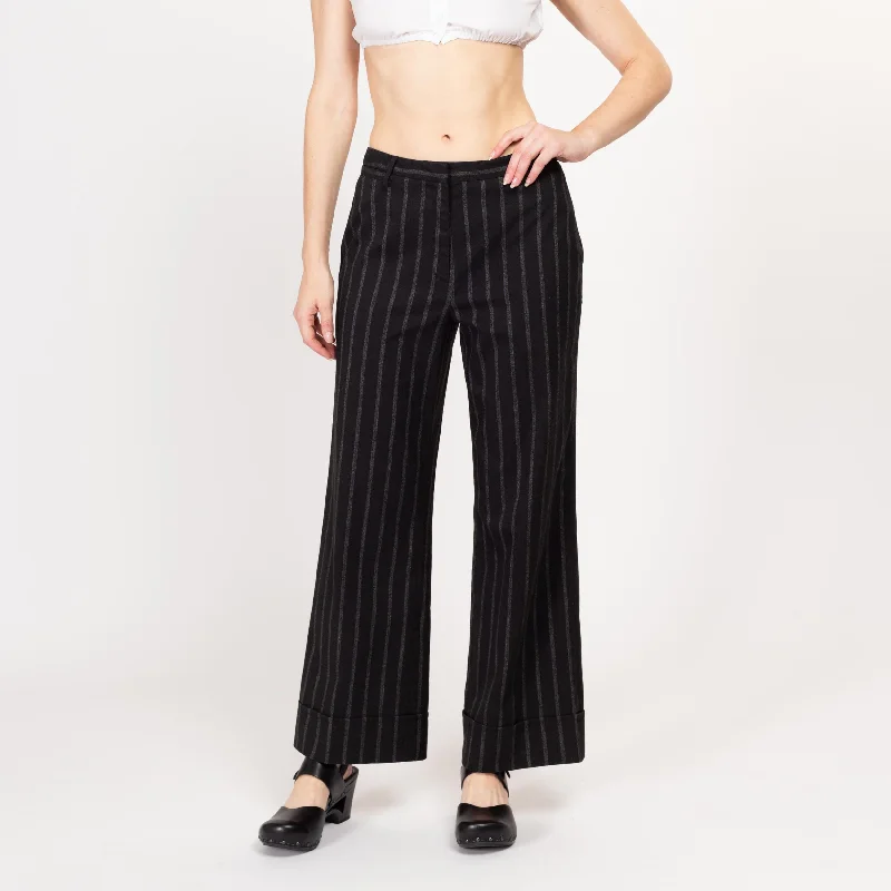 Wide Leg Pants for Shopping Trips -Medium 90s Black Striped Wide Leg Pants 30"