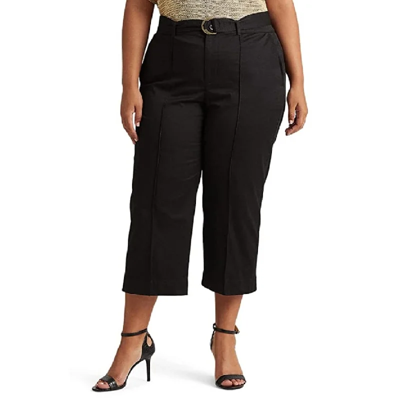 Wide Leg Pants with Patchwork Design -Ralph Lauren Women's Micro Sanded Twill Belted Wide Leg Pants Black Size 14W