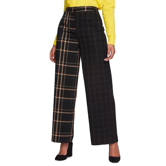 Wide Leg Pants with Narrow Belt -1.STATE Women's Zippered Pocketed Plaid Wide Leg Pants Black Size 8