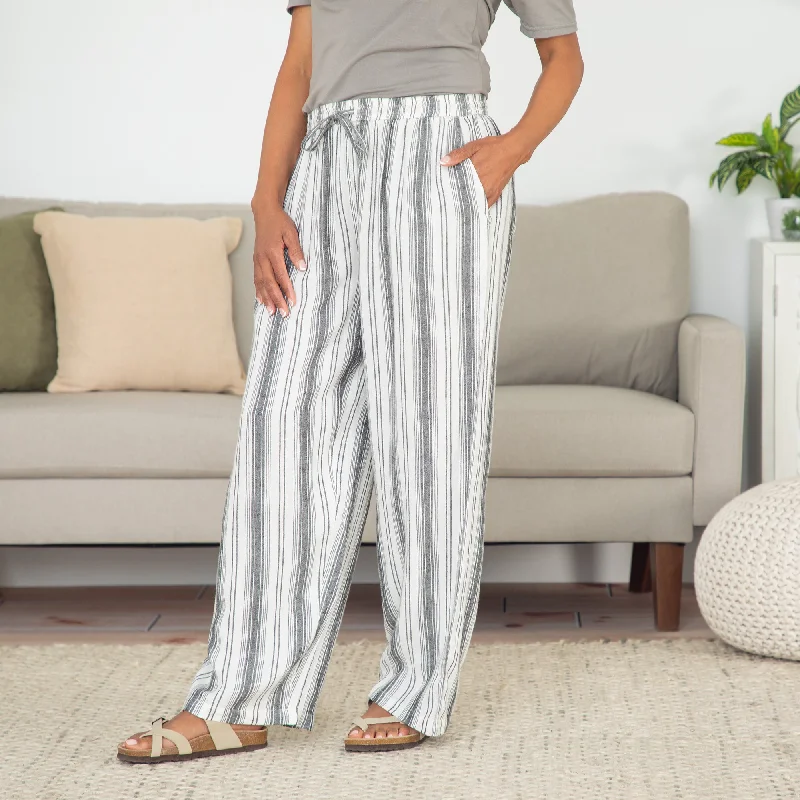 Wide Leg Pants with Front Slits -Women's Striped High-Rise Wide-Leg Pants