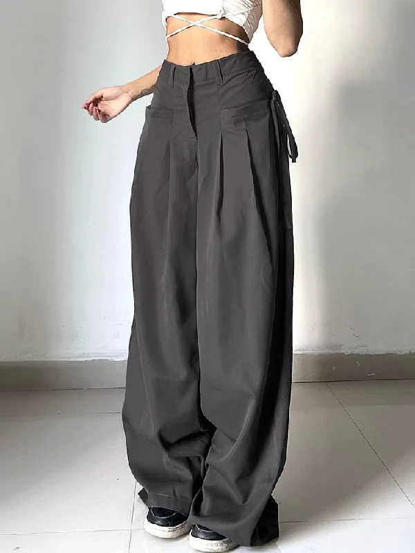 Wide Leg Pants for Date Nights -CityHottie - Shirring Casual Wide Leg Pants Women High Waist Street Basic Loose Sweat Trousers Korean Retro Gray Office Lady Pants