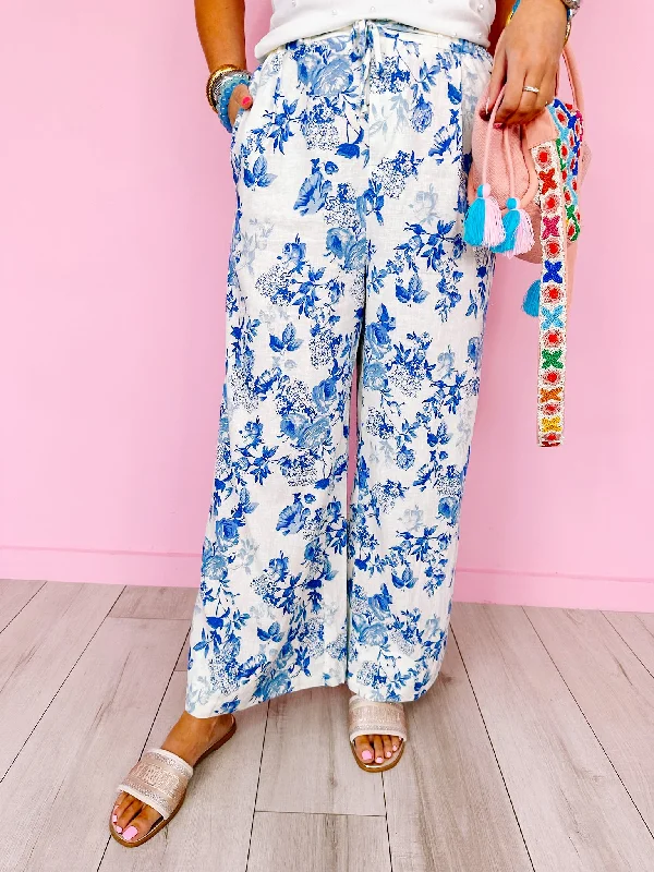 Wide Leg Pants with Pleats -DREAMY ROSE GARDENS WIDE LEG PANTS - BLUE