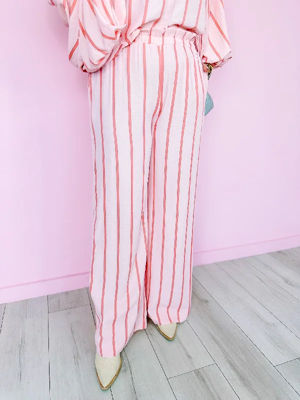 Wide Leg Pants with Ruffles -STRIPED TO PERFECTION WIDE LEG PANTS - PINK