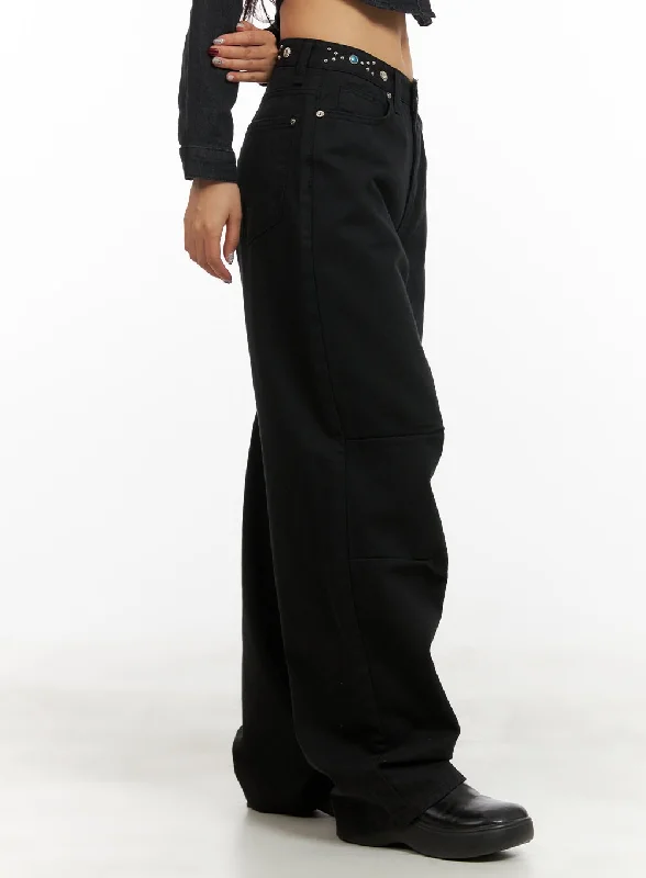 Wide Leg Pants with Embroidery -Stud Waist Wide Leg Pants CY403