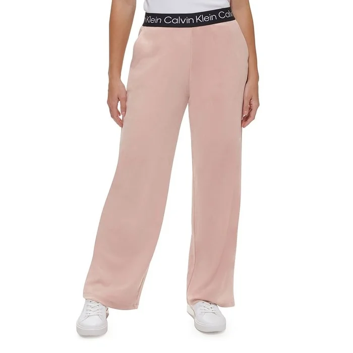 Abstract Wide Leg Pants for Creative -Calvin Klein Women's Velour Logo Trim Wide Leg Pants Pink Size Medium