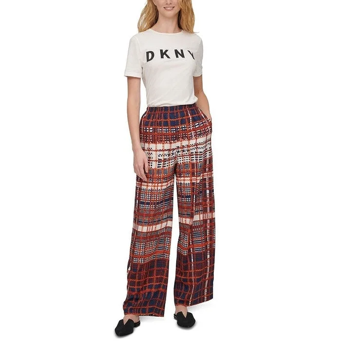 Cargo Wide Leg Pants with Pockets -Dkny Women's Plaid Wide Leg Pants Brown Size Small