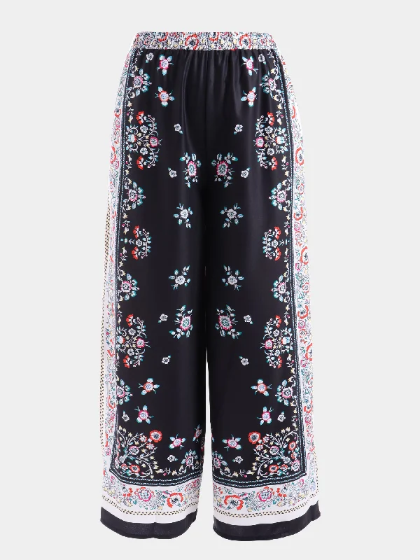 Wide Leg Pants with Appliques -Midsize Ethnic Art Motif Wide-Leg Pants