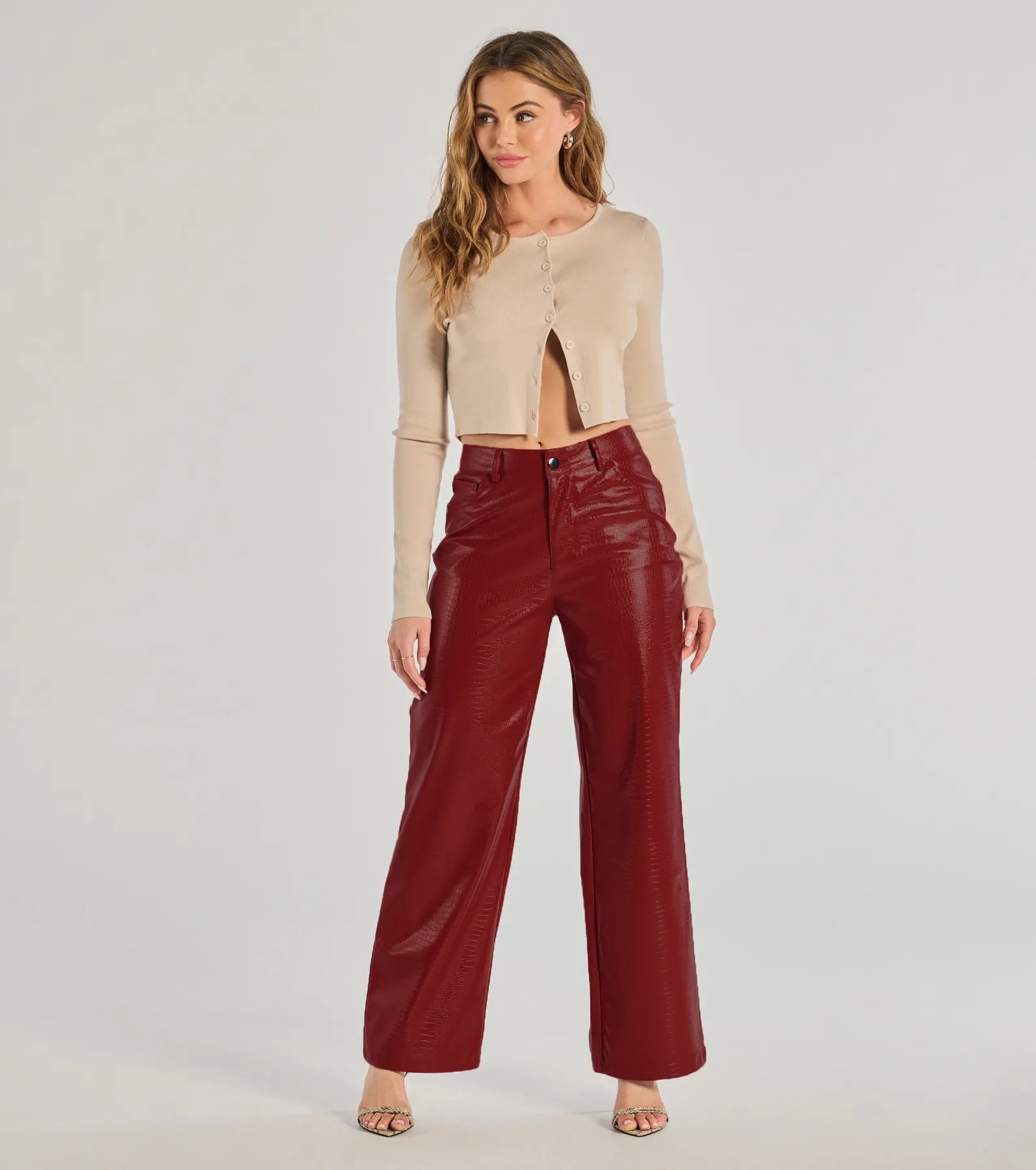 Wide Leg Pants for Beach Trips -Chic Babe Faux Leather Croc-Embossed Wide-Leg Pants