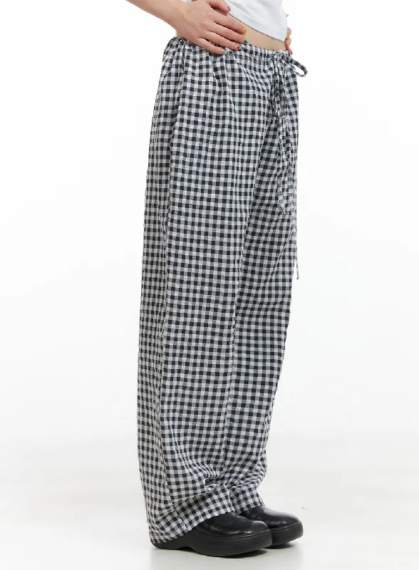 Wide Leg Pants for Petite Women -Checkered Banded Cotton Wide Leg Pants CG408