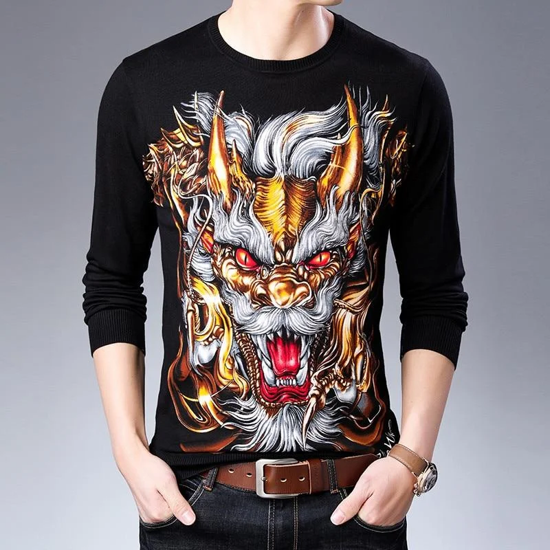 Party - Wear Sweaters for Special Occasion -Spring Fashion Men's Print O-Neck Slim Fit Computer Knitted Pullover Sweater