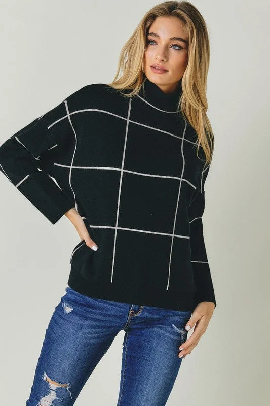 Vintage - Style Sweaters for Retro Look -Mock Neck Grid Pattern Sweater