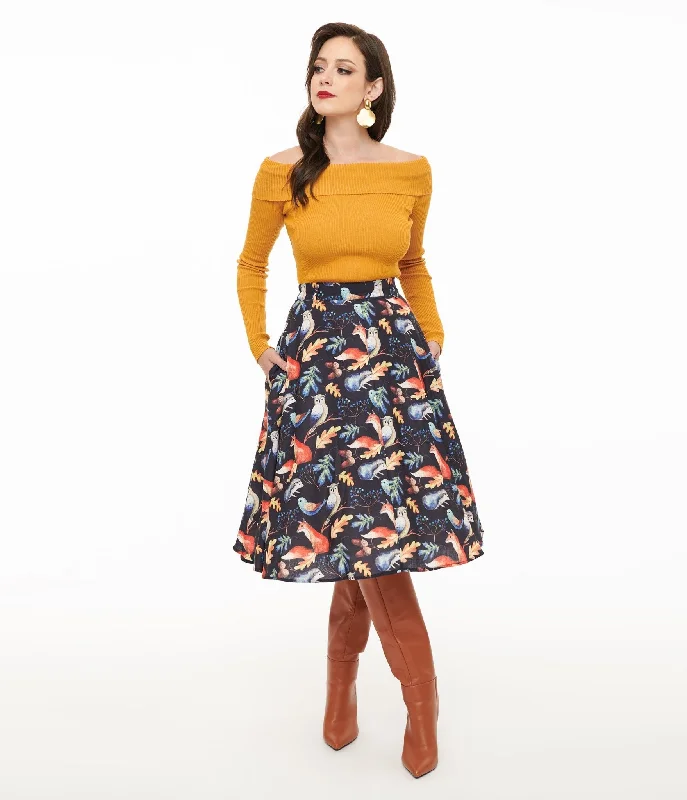 Durable cotton skirts for tough daily use -1950s Navy Fox Print Swing Skirt