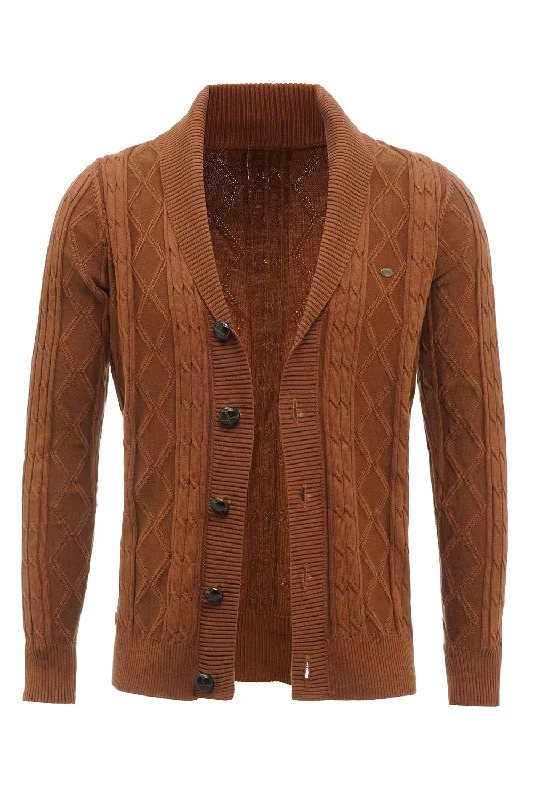 Animal Print Sweaters for Fun Look -Brown Cable Knitted Long Sleeves Men's Cardigan Sweater