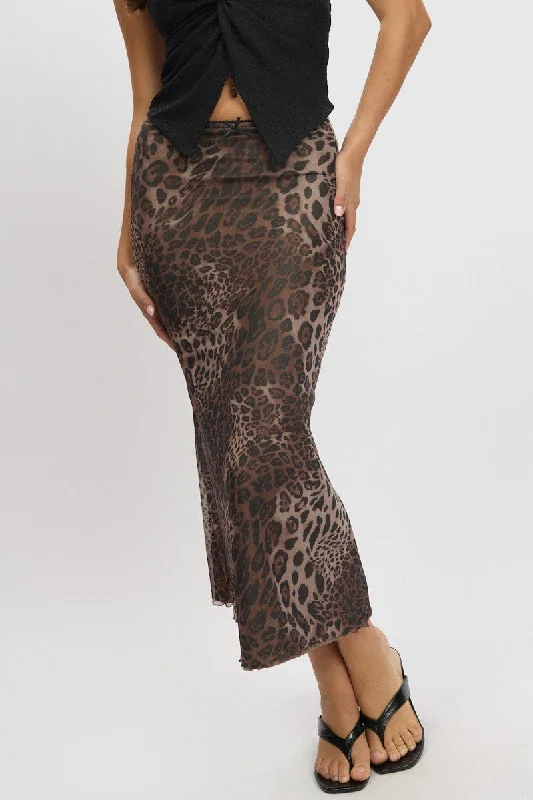 Casual skirts with relaxed fit comfort -Brown Animal Print Mesh Skirt Elasticated Picot Trim Midaxi