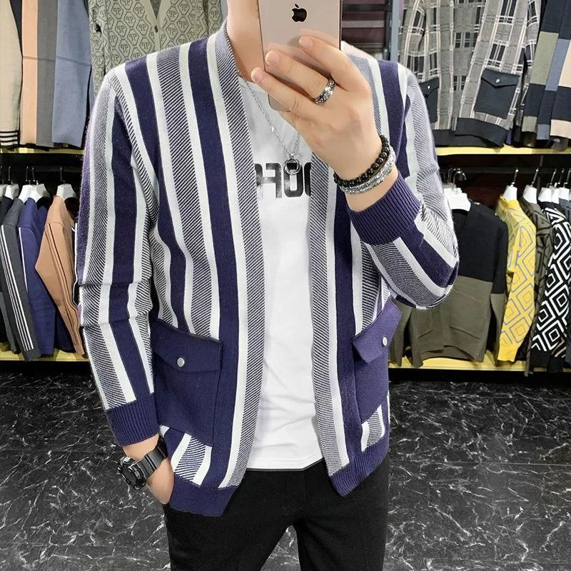 Raglan - Sleeve Sweaters for Comfort -Korean Fashion Men's Plus Size Striped O-Neck Knitted Pocket Cardigan Sweater