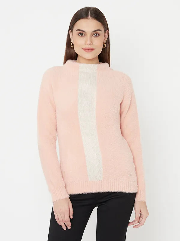 Round Neck Sweaters for Casual Comfort -Pink White Colourblocked Fur Full Sleeve Pullover Sweater