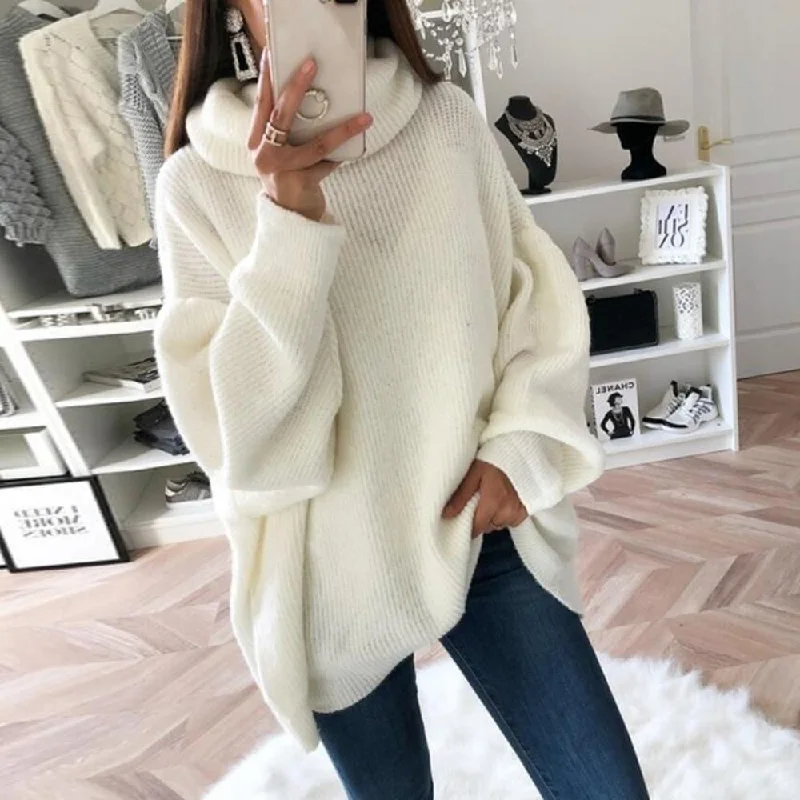 Office - Appropriate Sweaters for Work -Women's Winter Casual Knitted Loose Oversize Turtleneck Sweaters