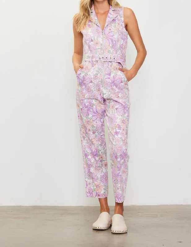 Retro Floral Belted Zip Jumpsuit In Lavender