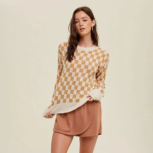 Thermal Sweaters for Extreme Cold -Women's Lightweight Checkered Pullover Sweater in Cream & Caramel