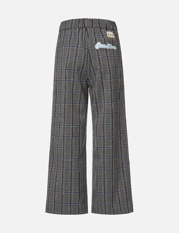 Wide Leg Pants with Ankle Cuffs -Checked Wide-leg Pants