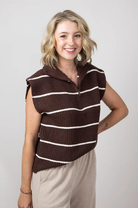 Striped Sweaters for Stylish Appearance -Elan Stripe Zip Neck Cap Sleeve Sweater Shirt for Women in Brown Beige | SWS10850-BRNBEI