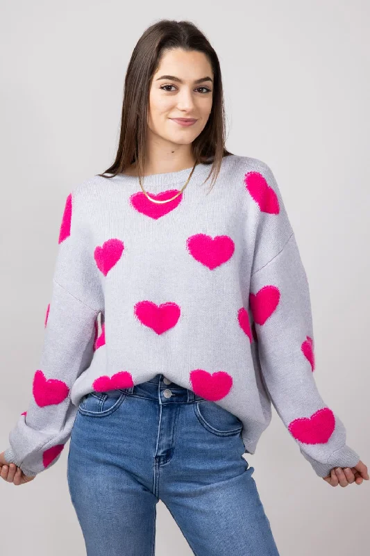 Anti - Pilling Sweaters for Long - Lasting -Miracle Multi Heart Sweater for Women in Silver | W8373-SILVER