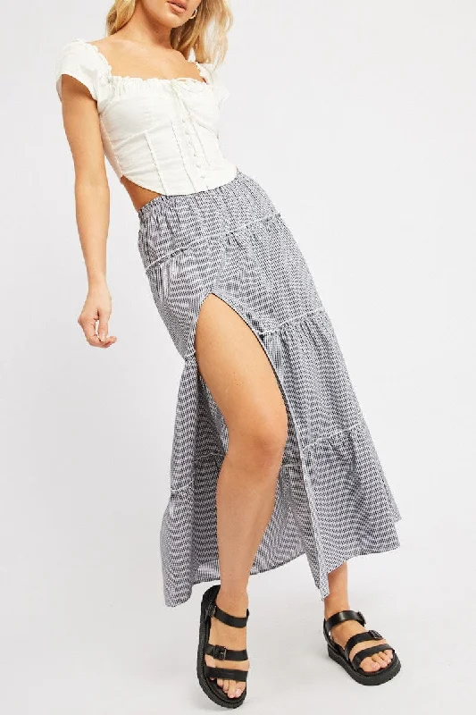 Midi pencil skirts for polished business attire -Black Check Tiered Maxi Slit Skirt