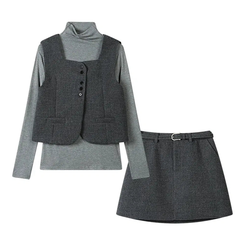 Cuffed - Sleeve Sweaters for Neat Appearance -Turtleneck Sweater, Vest, and Skirt Set