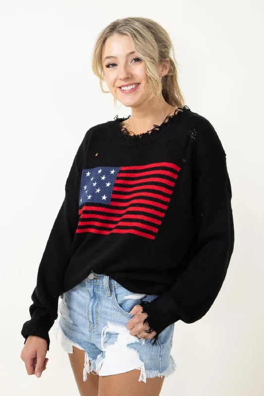 Thermal - Insulated Sweaters for Cold - Protection -Miracle American Flag Distressed Sweater for Women in Black | L2402-BLACK