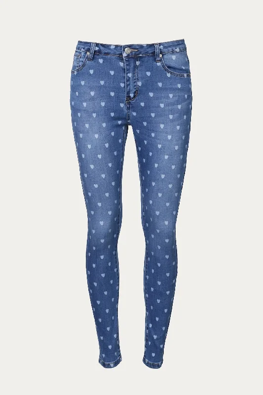 Mid-Rise Heart-Print Skinny Jean In Light Blue