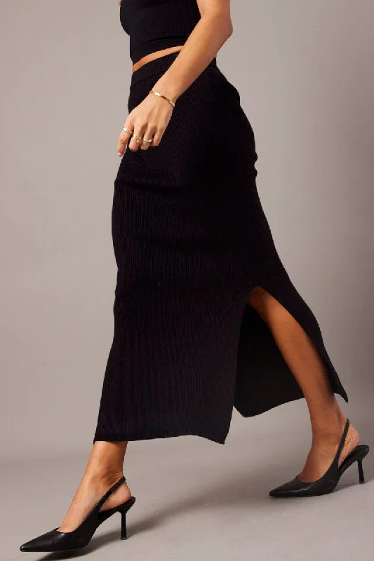 Soft cotton skirts for cozy comfort -Black Knit Skirt Front Split High Rise