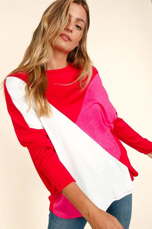 Batwing - Sleeve Sweaters for Loose Fit -Color Block Sweater (Red)