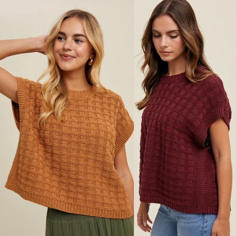 Heavy - Duty Sweaters for Harsh Weather -Women's Boxy Weave Textured Cap Sleeve Sweater (Available In 2 Color Choices)