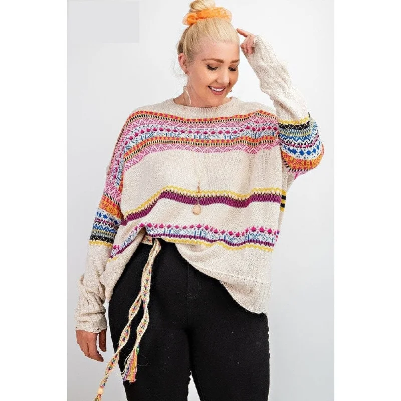 UV - Protective Sweaters for Outdoor -Women's Plus Size Oatmeal Boho Patterned Knitted Pullover Sweater