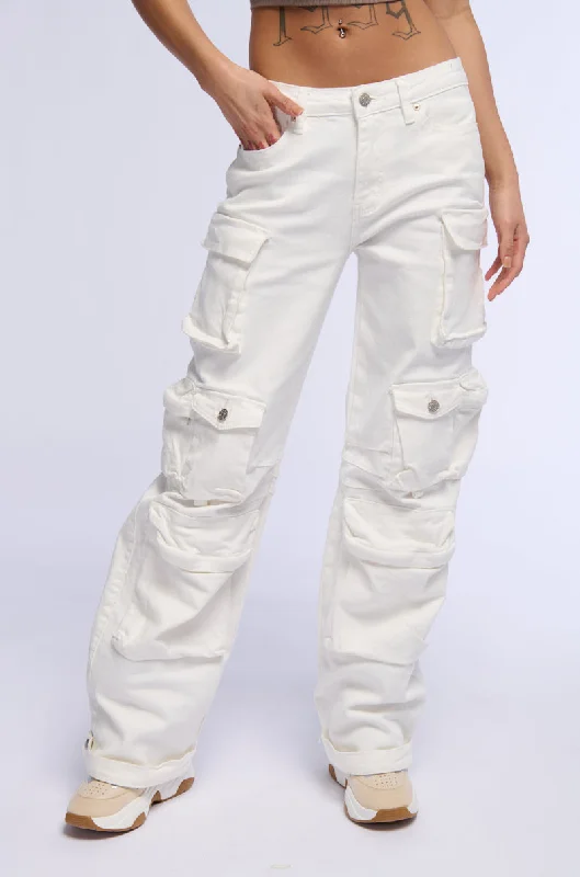 Red Wide Leg Pants for Statement -BROOKLYN CARGO POCKET WIDE LEG JEAN IN WHITE