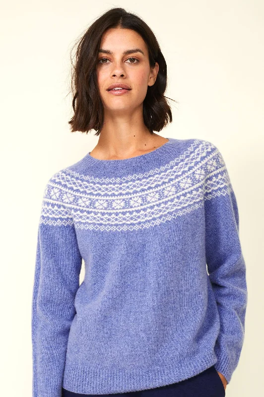 Off - Shoulder Sweaters for Sexy Look -Fairisle Crewneck Sweater | Cornflower Blue/Cream