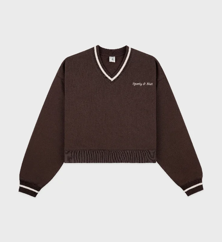 Oversized Sweaters for Relaxed Fit -Classic Logo Embroidered V-Neck Sweater - Chocolate