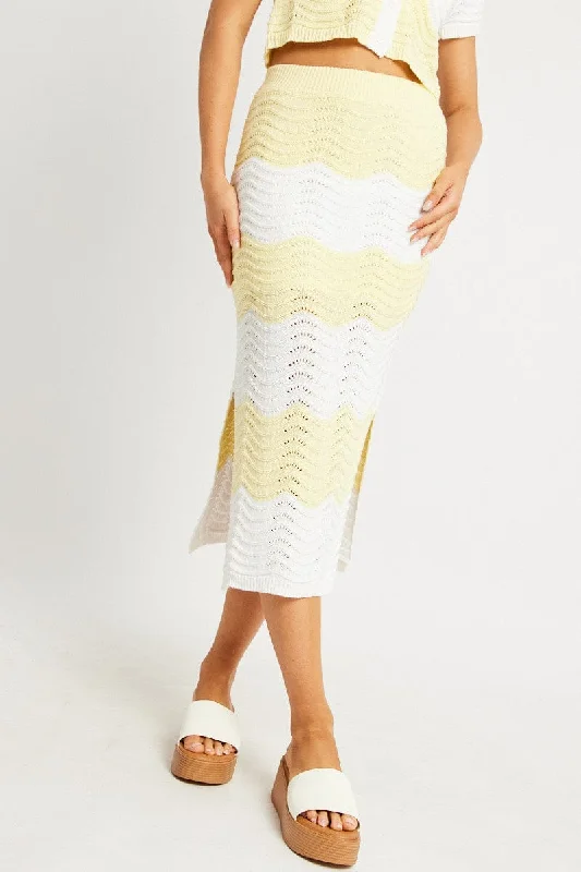 Pleated skirts with delicate pastel tones -Yellow Stripe Crochet Skirt High Rise Elastic Waist Midi Lined