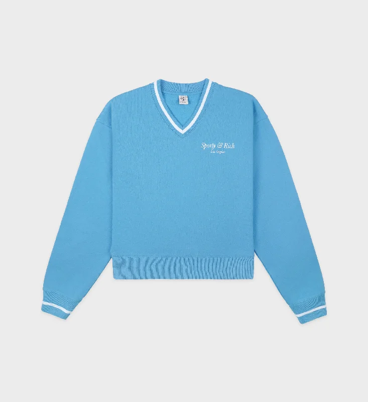 Cashmere Sweaters for Luxury Feel -Italic Logo V-Neck Sweater - Malibu Blue/White