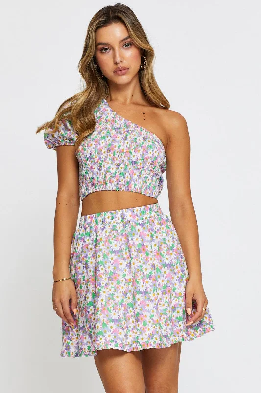 High-waisted denim skirts for cool lift -Print Skater Mini Skirt