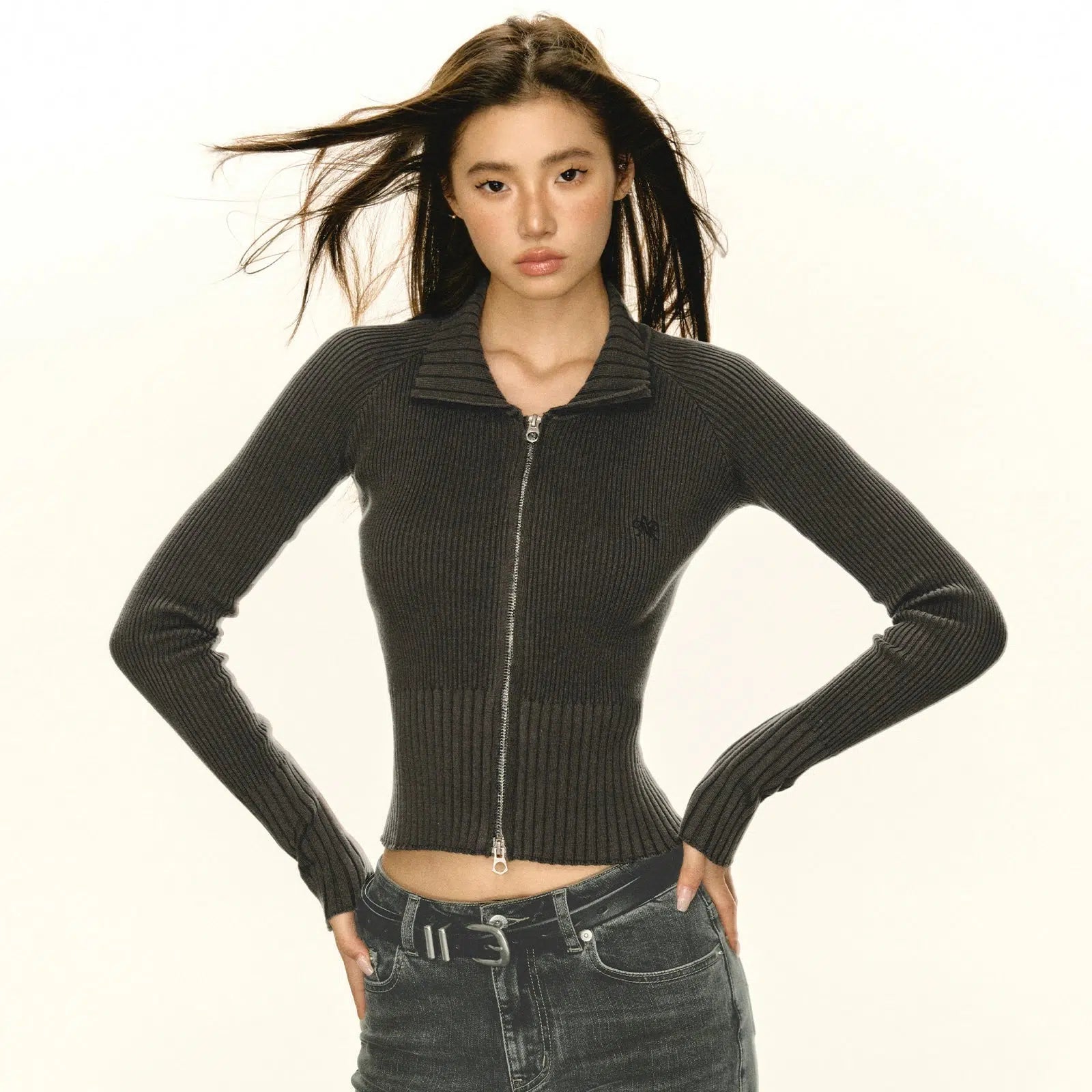 Collar Detail Ribbed Zip-Front Knit Sweater