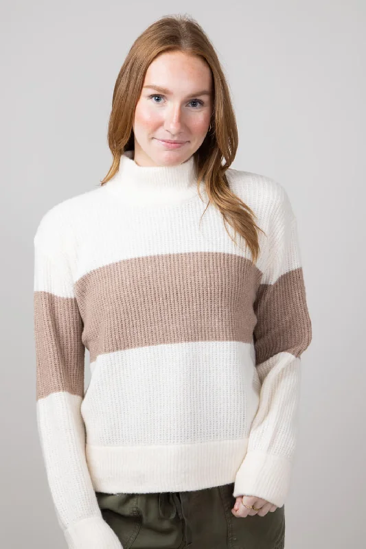 Floral Sweaters for Feminine Touch -Stripe Mock Neck Sweater for Women in Ivory Mocha Combo | PF3S25406-IVORYMOCHACOMBO