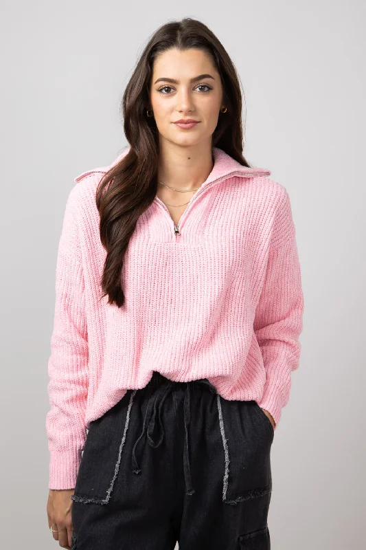 Off - Shoulder Sweaters for Sexy Look -Simply Southern Quarter Zip Sweater for Women in Candy Pink | PP-0224-SWTR-QTRZIP-CANDY