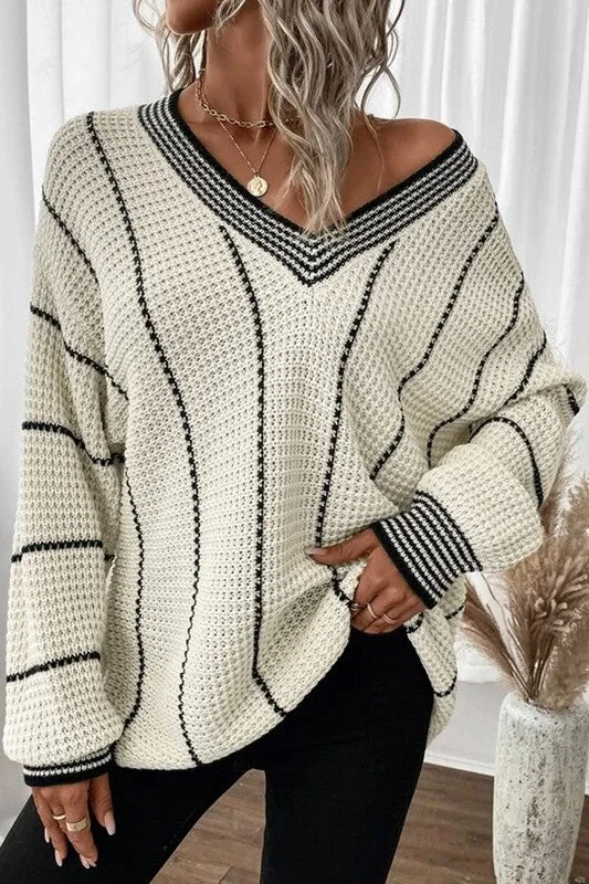 Non - Itchy Sweaters for Sensitive Skin -Striped V-Neck Loose Sweater (White)