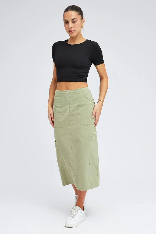 Pleated skirts for sophisticated evening wear -Green Cargo Skirt High Waist A-line Zip Detail Utility