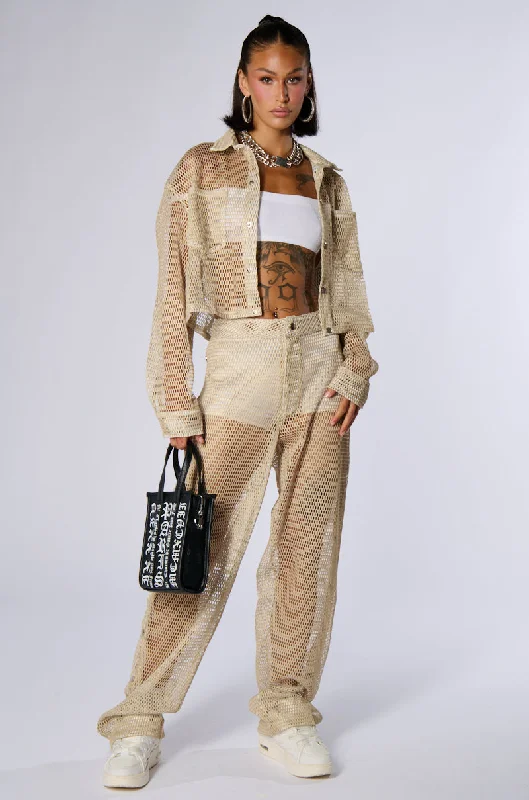 Wide Leg Pants with Narrow Belt -ALL THAT MESH WIDE LEG SNAP PANTS IN BEIGE