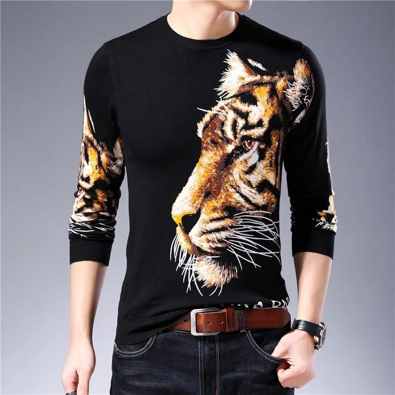 Beaded Sweaters for Sparkling Effect -England Style Men's Tiger Animal Printed Pullover O-neck Slim Fit Sweater